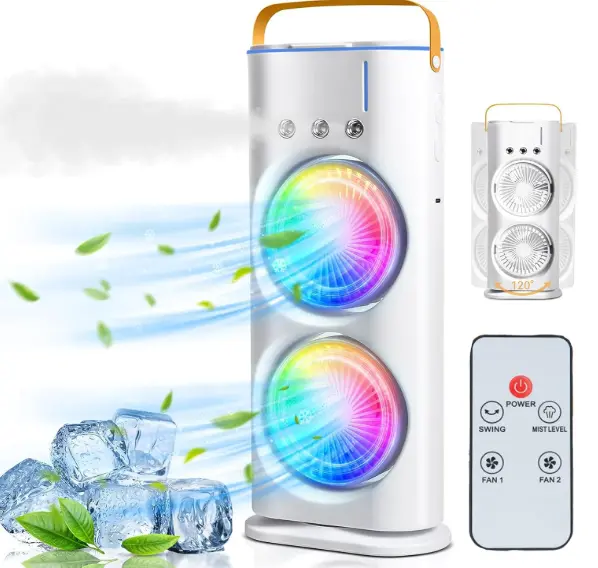 PYXBE Portable Double Ended Mist Spray Fan for Summer Room Cooling, USB Rechargeable Mini AC Air Cooler Misting Fans for Home,Table | Electric Cooler With 280ml Water, 7colors Led & Remote (L-White)