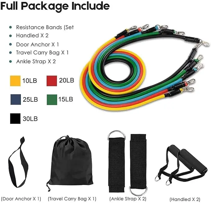 Resistance Band Set with Handles, Portable Toning Tubes with Door Anchor & Foam Handles. Resistance Tube Kit with Bag and Ankle Straps Included. (11 Pieces Tube Set), Multicolor, L