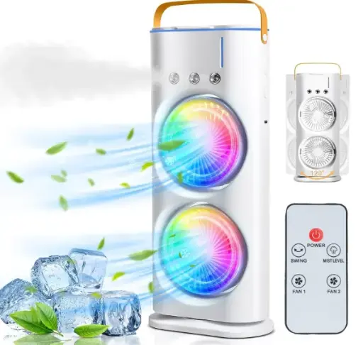 PYXBE Portable Double Ended Mist Spray Fan for Summer Room Cooling, USB Rechargeable Mini AC Air Cooler Misting Fans for Home,Table | Electric Cooler With 280ml Water, 7colors Led & Remote (L-White)