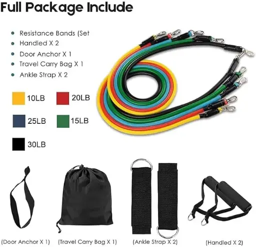 Resistance Band Set with Handles, Portable Toning Tubes with Door Anchor & Foam Handles. Resistance Tube Kit with Bag and Ankle Straps Included. (11 Pieces Tube Set), Multicolor, L